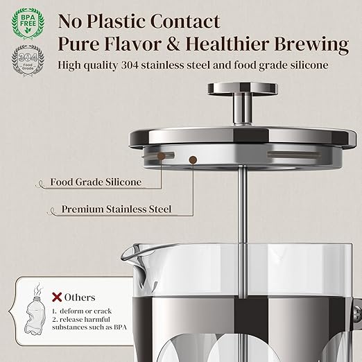 Veken French Press Coffee Maker 34oz 1 L, No Plastic Touching Cafe, Heat Resistant Thickened Borosilicate Glass, Stainless Steel Brewer,Cold Brew Cafetera Teapot for Kitchen Travel Camping,Dark Pewter