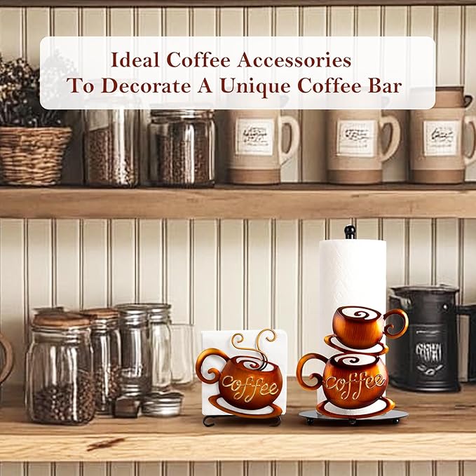 Coffee Napkin Holder for Table - Coffee Bar Decor Filter Holder for Counter, Tissue Napkin Dispenser Table Decor for Kitchen Home, Housewarming Gifts for Women, 3D Handmade Pattern, Metal