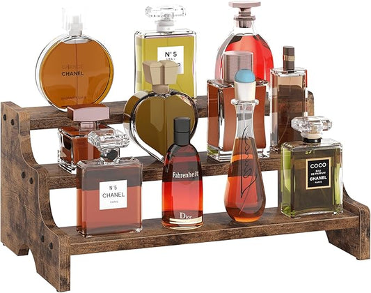 Wooden Display Riser Stand, Tiered Perfume and Cologne Organizer Stand, 3 Tier Spice Rack, Rustic Display Shelf for Candles, Kitchen Storage Holder for Spice Bottles, Jars, Seasonings
