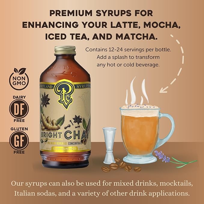 Portland Syrups Bright Chai Syrup - Coffee, Cocktails, Mocktails & Sodas - Premium Concentrate - Orange Pekoe, Ginger, Cinnamon, Cloves & Cardamom - Organic Cane Sugar - 12 oz, 12 Servings (Pack of 1)
