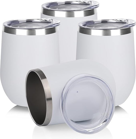 DOMICARE Stainless Steel Wine Tumbler Bulk with Lid, Personalized White Insulated Tumblers Set, 12oz Travel Coffee Cups Pack of 4