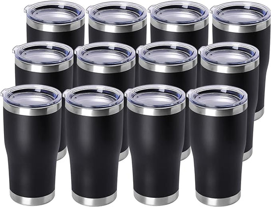 DOMICARE 20oz Tumbler with Lid Stainless Steel Tumblers Bulk, Double Wall Vacuum Insulated Coffee Travel Mug Powder Coated Tumbler, 12 Count (Pack of 1) Black