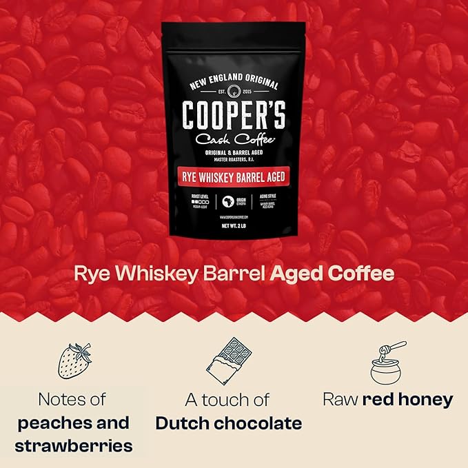 Rye Whiskey Barrel Aged Coffee, Single Origin Ethiopian Coffee Raw Beans Aged in Rye Whiskey Casks, Freshly Roasted, Battle Cry Whiskey, 2lb Bags, Whole Beans
