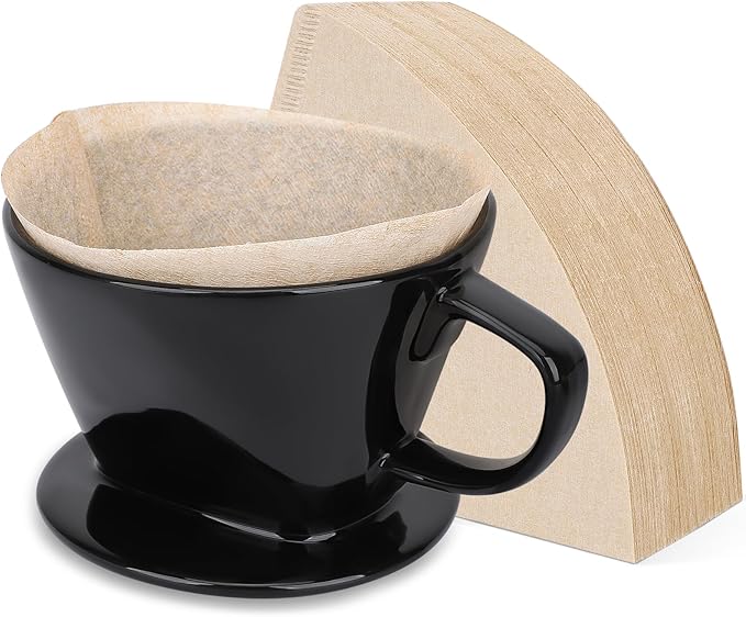 Segarty Pour Over Coffee Maker Set, Single Cup Black Ceramic Coffee Dripper with 200PCS Size #2 Cone Filter Paper, Slow Drip Pourover Brewer for Home Office Travel Camping