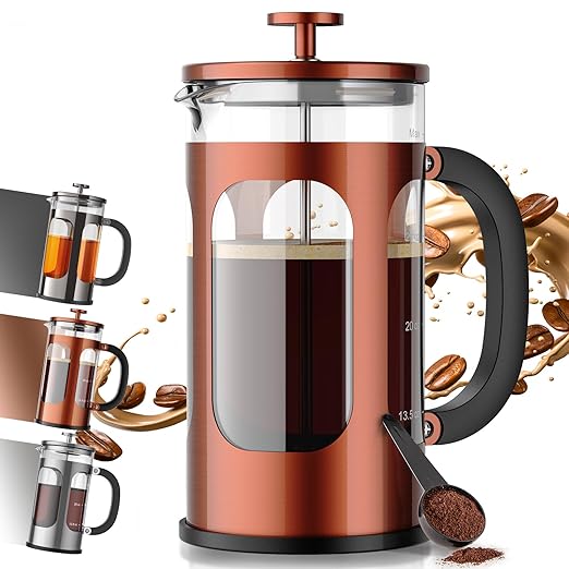 Veken French Press Coffee Maker 34oz 1 L, No Plastic Touching Cafe, Heat Resistant Thickened Borosilicate Glass, Stainless Steel Brewer, Cold Brew Cafetera Teapot for Kitchen Travel Camping, Copper