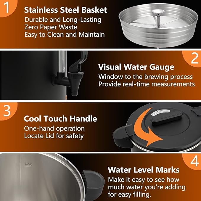 55-Cup 10L Commercial Coffee Urn, Festa Essential 750W Double Wall Large Percolate Coffee Maker Stainless Steel Hot Water Urn Dispenser with Double Dripless Faucet, Quick-Brewing for Catering, Black