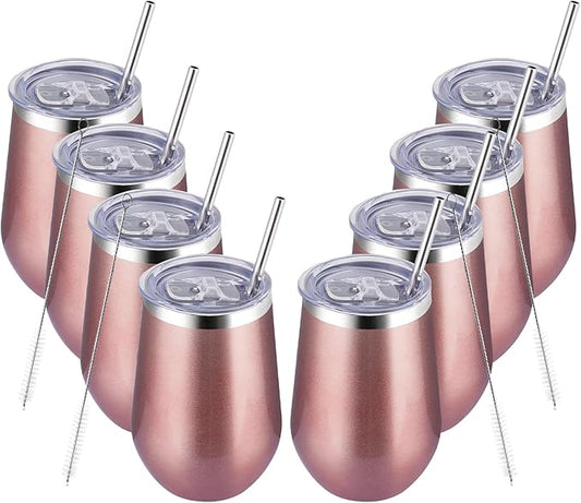 MEWAY 12oz Stainless Steel Wine Tumbler with Lid and Straw - Double Wall Stainless Steel Coffee Mug, Gift for Woman Under 10 dollars， 8 Pack Bulk tumblers(Rose Gold,Set of 8)