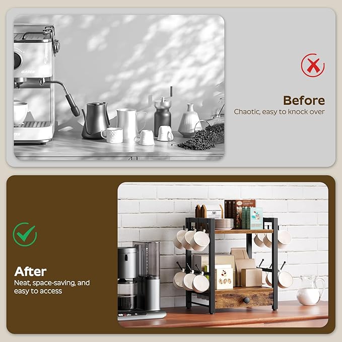 3-Tier Coffee Mug Holder with 12 Hooks, Coffee Bar Organizer, 25 Pods Capacity, Versatile Desktop Storage Rack, Space-Saving, for Kitchen, Living Room, Rustic Brown and Black MH01BR