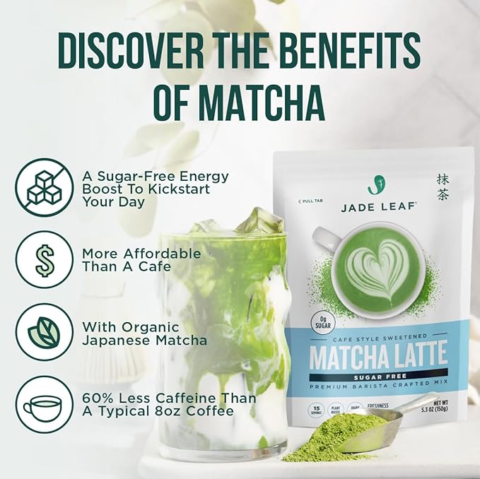 Jade Leaf Matcha Organic Cafe Style Sugar Free Matcha Latte Green Tea Powder, Premium Barista Crafted Mix, Authentically Japanese, 15 Servings (5.3 Ounce Pouch)