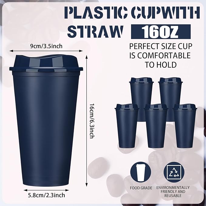 Domensi 15 Pack Reusable Coffee Cups with Lids 16 oz Disposable Travel Cups Bulk Plastic to Go Coffee Tumblers for DIY Hot Cold Drink Party Favors Coworker, Microwaveable (Dark Blue)