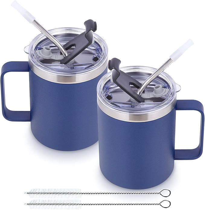 Volhoply 12oz Insulated Leakproof Coffee Mug with Flip & Straw Lid Bulk 2 Pack,Double Wall Vacuum Stainless Steel Travel Tumbler Cup with Handle,Reusable Camping Mugs Keep Cold/Hot(Navy,2 Set)