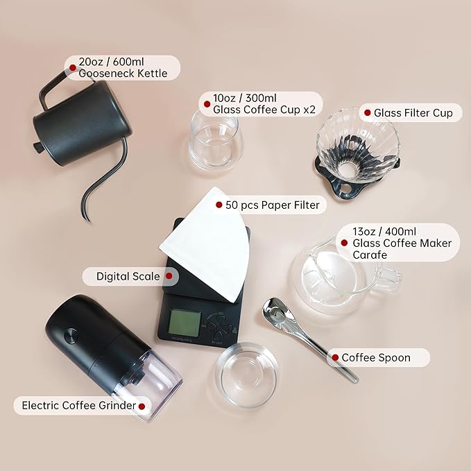 SuperCook Coffee Pour Over Kit Hand Drip with Kettle, Electric Grinder, Camping Travel Coffee Kit Ideal for Anniversary Birthday Gift