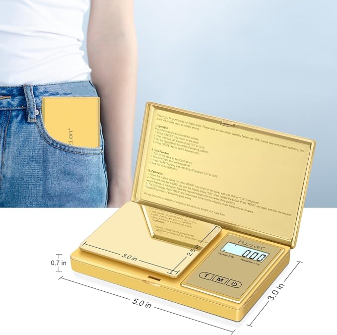Fuzion Gram Scale, 200gx0.01g Digital Pocket Scale Gold Titanium Plating, High Precision Small Scale, 6 Units Jewelry Scale with Back-Lit LCD, Tare Function for Food, Powder, Herb, Arrow, Travel
