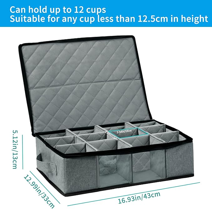 Boczif Coffee Cup Storage Box, Storage Containers Holds 12 Glassware, Coffee Mugs and Tea Cups, Padded Dinnerware Case with Dividers, Handles, Zipper & Lid, Stackable Holders for Plate, Cup, Flatware