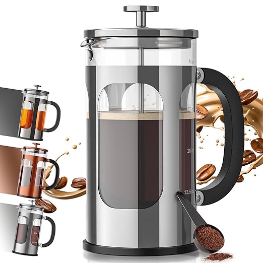 Veken French Press Coffee Maker 34oz 1 L, No Plastic Touching Cafe, Heat Resistant Thickened Borosilicate Glass, Stainless Steel Brewer, Cold Brew Cafetera Teapot for Kitchen Travel Camping, Silver