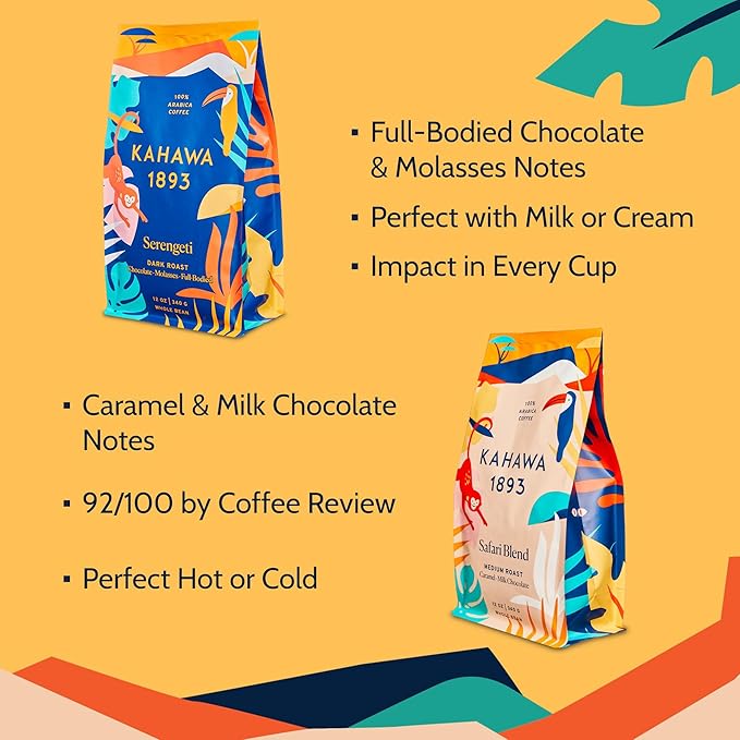 Kahawa 1893 Whole Bean Coffee Combo Pack Safari & Serengeti Blend (12 Oz x 2) - As Seen on Shark Tank, High Antioxidants, Naturally Sweet, Organically Grown, Ethically & Sustainably Sourced