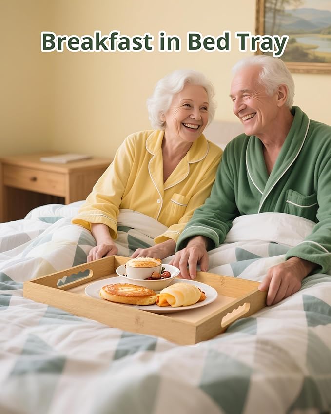 Bamboo Serving Tray with Handle, Decorative Ottoman Tray for Living Room, Coffee Table, Breakfast in Bed, Candle Display