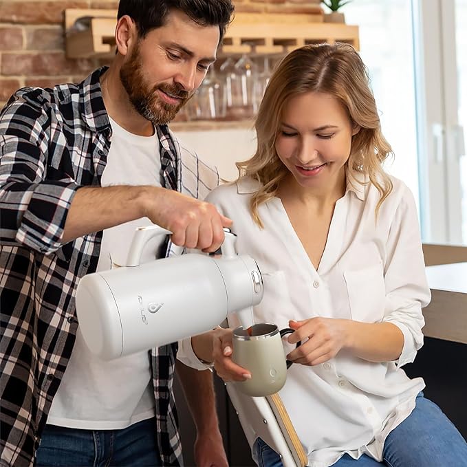 IDEUS Thermal Coffee Carafe 68oz (2,000ml), Stainless Steel Double Wall Insulated Vacuum Flask, Water Jug Coffee Server and Beverage Dispenser, Heat and Cold Retention (White-Silver, 68oz (2,000ml))