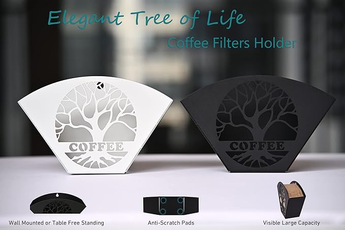 Stylish Coffee Filter Holder with Iron Fan Shape Evenly Spread out Filters, Coffee Filter Rack with Tree of Life Decor Upgrade Your Coffee Enjoyment, Perfect for Home or Office Use (Black)