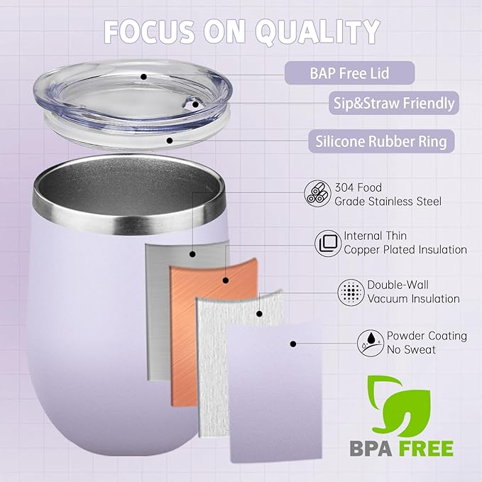 12oz/4 Pack Stainless Steel Wine Tumbler with Lid and Straw, Double Wall Vacuum Insulated Wine Tumbler Glasses, Stemless Travel Mugs for Hot and Cold Drinks, Coffee, Wine, Cocktails