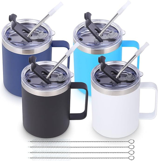 Volhoply 12oz Insulated Leakproof Coffee Mug with Sliding & Straw Lid Bulk 4 Pack,Double Wall Vacuum Stainless Steel Travel Tumbler Cup with Handle,Camping Mugs Mugs Keep Cold/Hot(Assorted,4 Set)