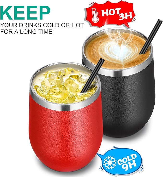 VEGOND 12oz Stainless Steel Wine Tumbler with Lid and Straw, Double Wall Vacuum Insulated Stemless Wine Glass Tumbler Cup, Coffee Mug for Cold Hot Drinks