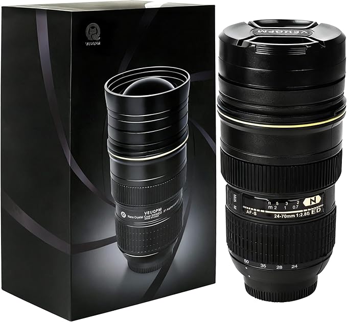 Camera Lens Coffee Mug (420ml/14oz) - Stainless Steel Travel Mug Set with 2 Leak-Proof Lids, Steel Straw, Cleaning Brush & Carrier Strap - Novelty Gift for Photographers & Travelers