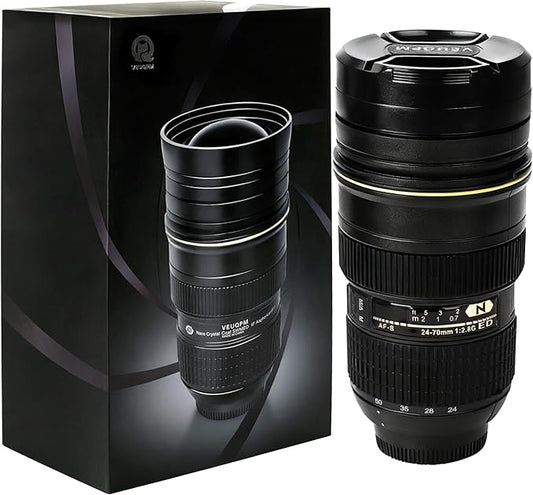 Camera Lens Coffee Mug (420ml/14oz) - Stainless Steel Travel Mug Set with 2 Leak-Proof Lids, Steel Straw, Cleaning Brush & Carrier Strap - Novelty Gift for Photographers & Travelers