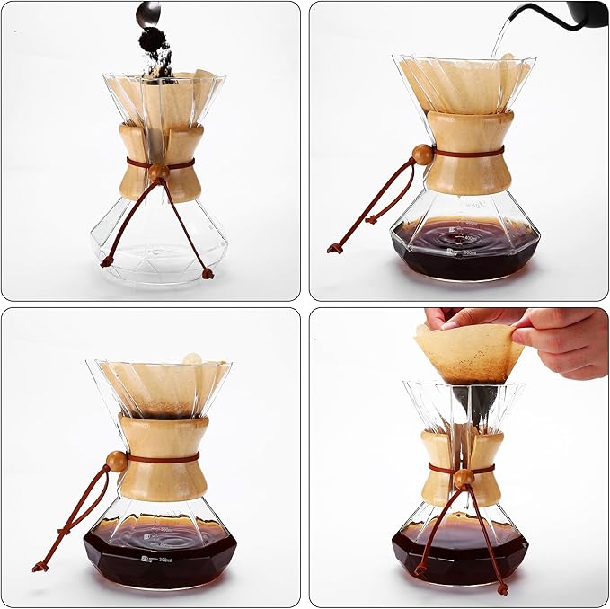 Pour Over Coffee Maker, 19 oz Borosilicate Glass Coffee Carafe with 100 PCS Paper Filter, Wooden Collar & Cowhide rope, Glass Coffee dripper (Clear, 550 ml)