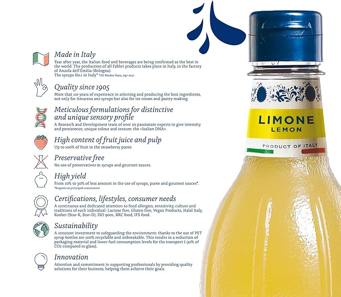 Fabbri Flavoring Syrup, Lemon, Made in Italy, 33.8 Ounce (1 Liter)