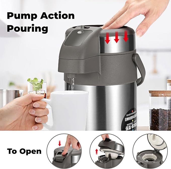 OJOJ 4L/133OZ Thermal Coffee Carafe with Pump, Thermal Beverage Dispenser, Coffee Airpot Stainless Steel Coffee Carafe for Hot Drinks Silver