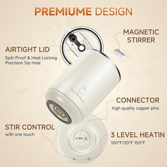 Automatic Self Stirring Coffee Mug with Temperature Control,Type-C Magnetic Mixing Cup,3 Heat Levels,8-Hour Shut-Off,USB Rechargeable Stainless Steel Smart Mug for Tea Milk Protein Shakes White 11oz