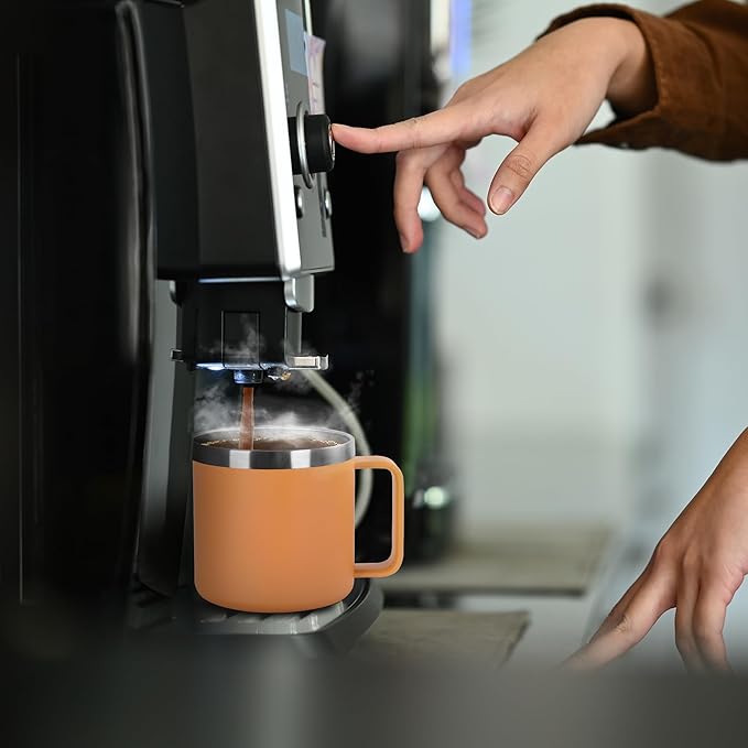 VEGOND 14 oz Insulated Coffee Mug Bulk with Handle, Stainless Steel Travel Coffee Mug with Lid, Double Wall Vacuum Metal Coffee Cup, Coffee Tumbler Powder Coated, Orange 4 Pack