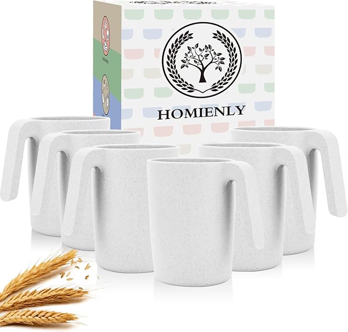 Homienly Wheat Straw Coffee Mugs Set of 6, Lightweight and Unbreakable Coffee Mugs with Handles, Alternatives to Plastic Coffee Mug, Microwave and Dishwasher Safe Cups for Kitchen, Tea - White