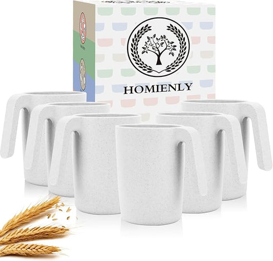 Homienly Wheat Straw Coffee Mugs Set of 6, Lightweight and Unbreakable Coffee Mugs with Handles, Alternatives to Plastic Coffee Mug, Microwave and Dishwasher Safe Cups for Kitchen, Tea - White