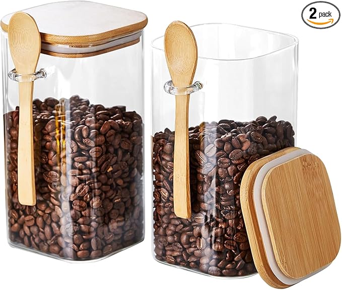 Unbreakable Glass Jars with Airtight Lids and Spoons, 2Pcs Overnight Oats Containers with Lids and Spoons, Glass Food Storage Containers for Coffee Beans, Flour, Sugar, Cookie, Pasta