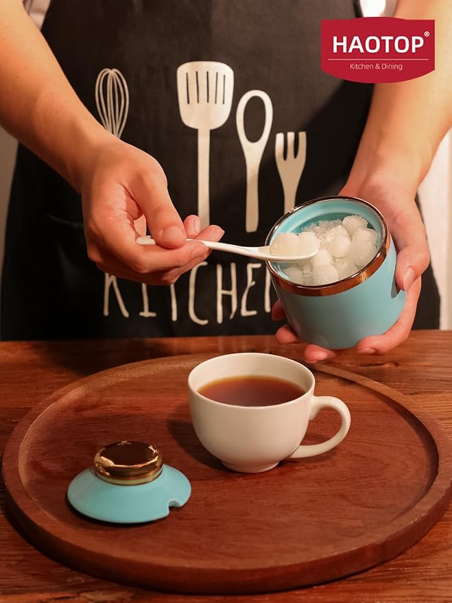HAOTOP 8 oz Sugar Bowl with Lid and Spoon, Simple Ceramic Sugar Jar Sugar Dispenser Sugar Container Coffee Bar Accessories, Modern Kitchen Countertop Canisters, Turquoise