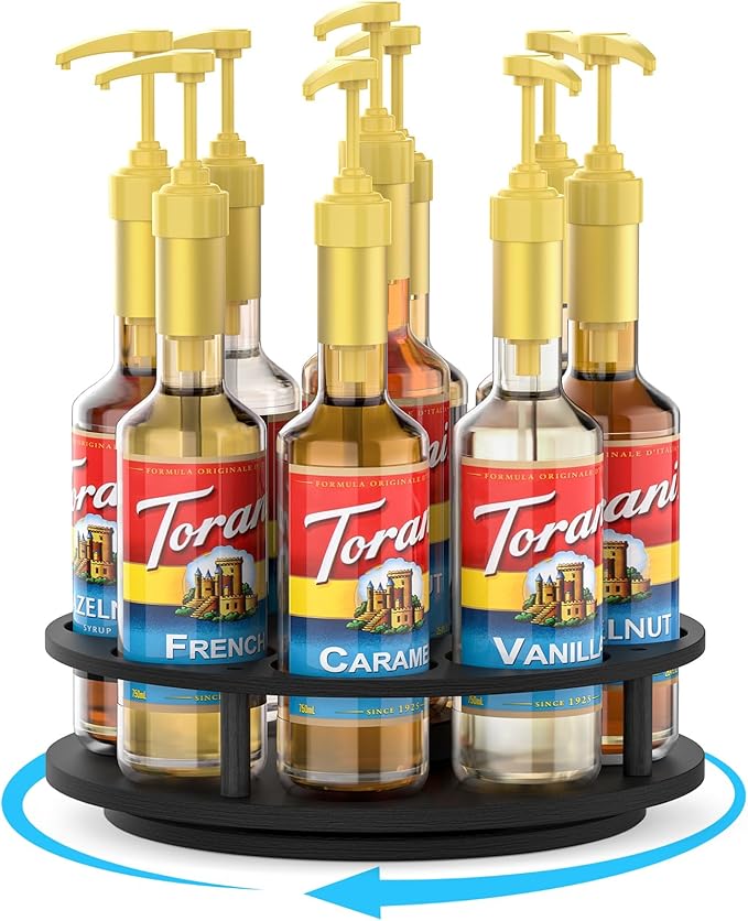 THYGIFTREE Large Rotating Coffee Syrup Organizer 9 Bottles Syrup Rack for Countertop Wood Syrup Bottle Holder Stand for Coffee Bar Station, Turntable Wine Display Tray, Black