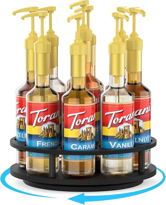 THYGIFTREE Large Rotating Coffee Syrup Organizer 9 Bottles Syrup Rack for Countertop Wood Syrup Bottle Holder Stand for Coffee Bar Station, Turntable Wine Display Tray, Black