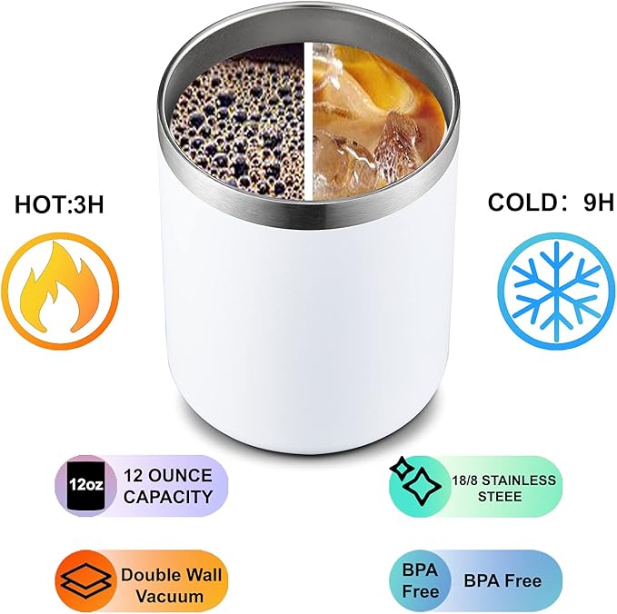 MEWAY 12 oz Lowball, Tumbler Stainless Steel Double Wall Vacuum Insulated Mug with Straw and Lid, Cleaning Brush ，Durable Powder Coated Insulated Coffee Cup for Cold & Hot Drinks (White, 1 Pack)