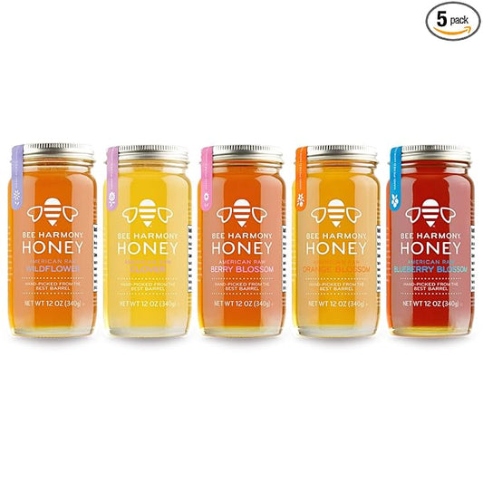 Bee Harmony Honey 5 Pack Variety Pack, 60 Ounce (Clover, Wildflower, Orange Blossom, Berry and Blueberry)