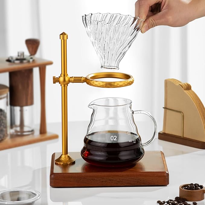 Pour Over Coffee Maker Set – Glass Coffee Dripper with Stainless Steel Stand, Wooden Base & 40 Filters – Travel Filter Coffee Maker