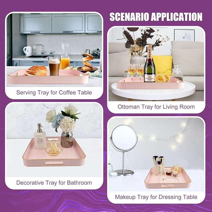 Gifturbo Pink Square Decorative Tray,Serving Tray with Handles with Gold Trimming Plastic Coffee Table Tray for Ottoman, Living Room, Home Decor,Bathroom with Gold Trimming, 13” x 13” x1.57”