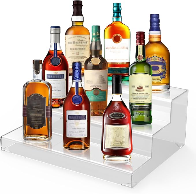 Liquor Bottle Display Shelf, Clear Acrylic Riser Display Stand, Bar Shelves for Liquor Bottles, 3 Tier Shelf Organizer for Alcohol Figures Coffee Syrup Display, 16" L x 12.5" W x 6.5" H, Clear