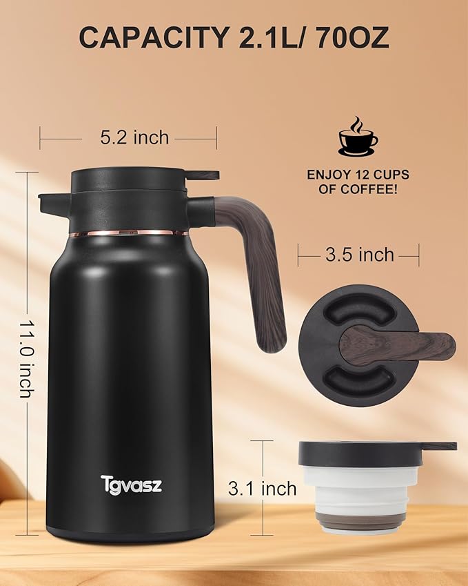 Thermal Coffee Carafe 70 oz - 36 Hour Hot Stainless Steel Carafes for Hot Liquids-Insulated Coffee Carafes For Keeping Hot/Cold Coffee, Tea, Water, Drink Dispenser for Parties(Black)