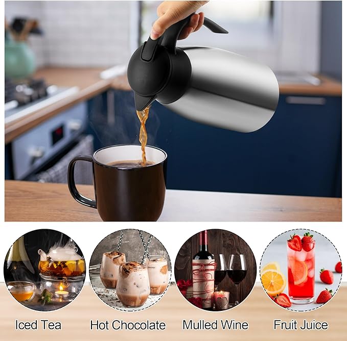 Uiifan 2 Pcs 68oz Thermal Coffee Carafe Insulated Stainless Steel Coffee Carafe for Hot Liquids Double Walled Vacuum Pot Creamer Pitcher Dispenser with Brush for Keeping Milk Tea(Silver, Black)