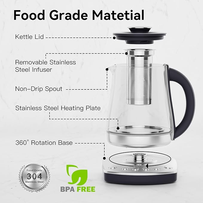Electric Kettle With Infuser, 1.5L Electric Tea Kettle With Temperature Control, 1200W Fast heating for Pour Over Coffee, Brew Tea, Boil Hot Water, BPA-Free, Easy to Clean G888B