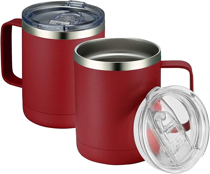 MEWAY 12oz Coffee Mug With Handle 2 Pack Bulk,Stainless Steel Insulated Travel Tumblers With Sliding Lid,Double Wall Vacuum Camping Cup for Hot & Cold Drinks Tea (Red,Set of 2)