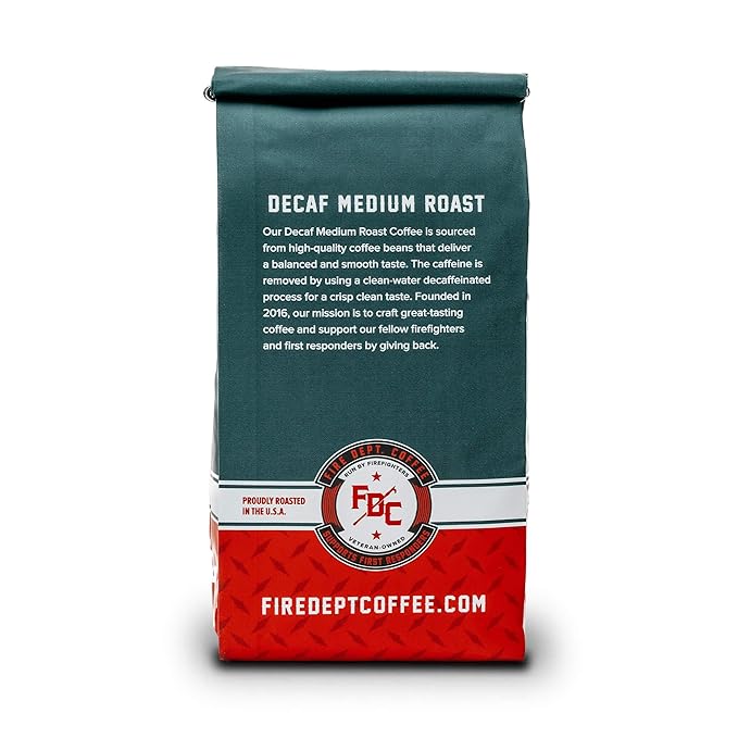 Fire Department Coffee - Gives Back to Firefighters - Premium Decaf Ground Coffee - Roasted in the USA - Decaffeinated Using Natural Mountain Water - Veteran Owned - 12 oz