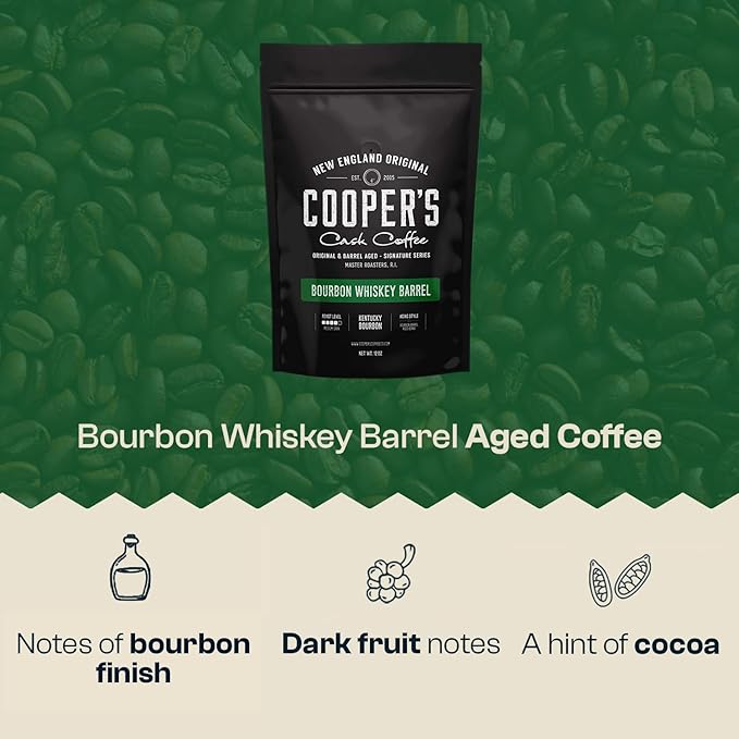 Bourbon Barrel Aged Coffee, Single-Origin Colombian Beans Aged in Kentucky Bourbon Whiskey Barrels, Medium Dark Roast Whole Bean, 12 oz